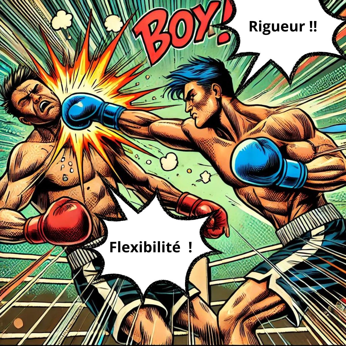 Illustration du match Flexibilité vs. rigueur de la coopération et de l'évaluation du contexte dans un projet complexe.